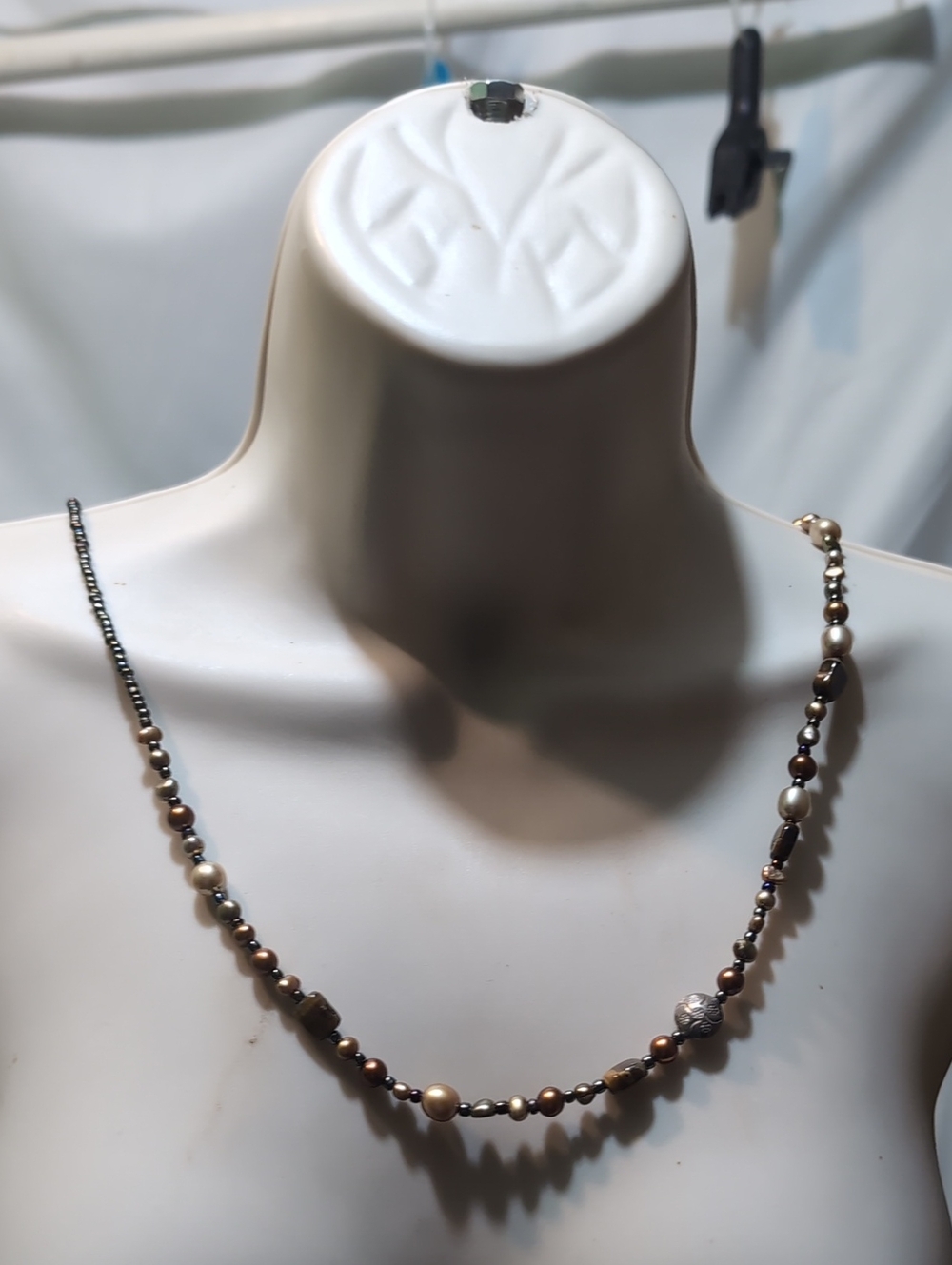 Mixed Brown and Gold Beaded Necklace with Pearl Accents